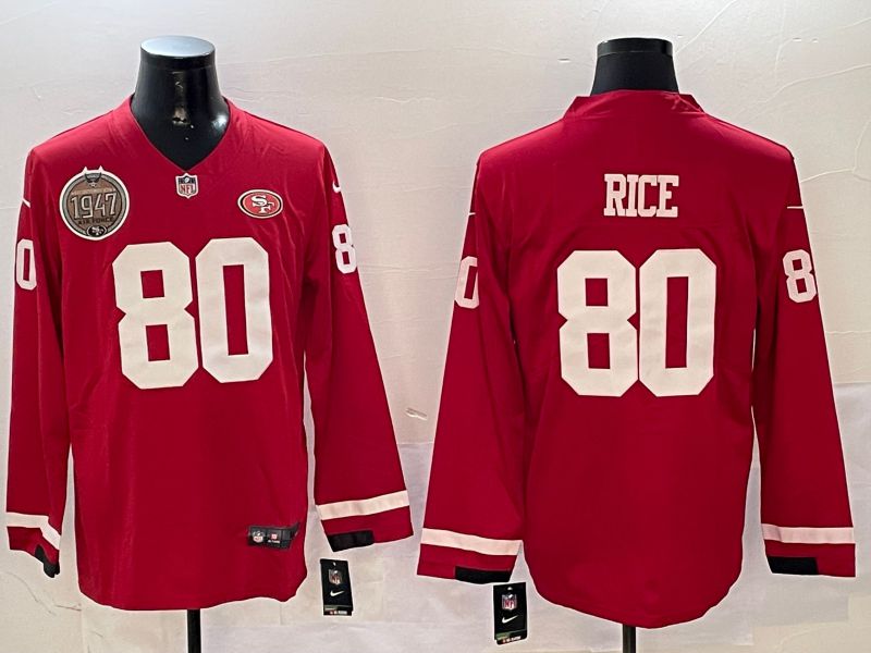 Men San Francisco 49ers #80 Rice Red long sleeve 2024 Nike NFL Jersey style 01041